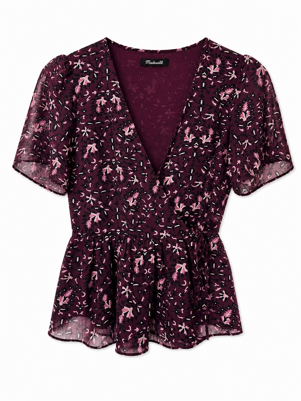Madewell Deep Plum Floral Wrap Peplum Blouse with Pink Accents